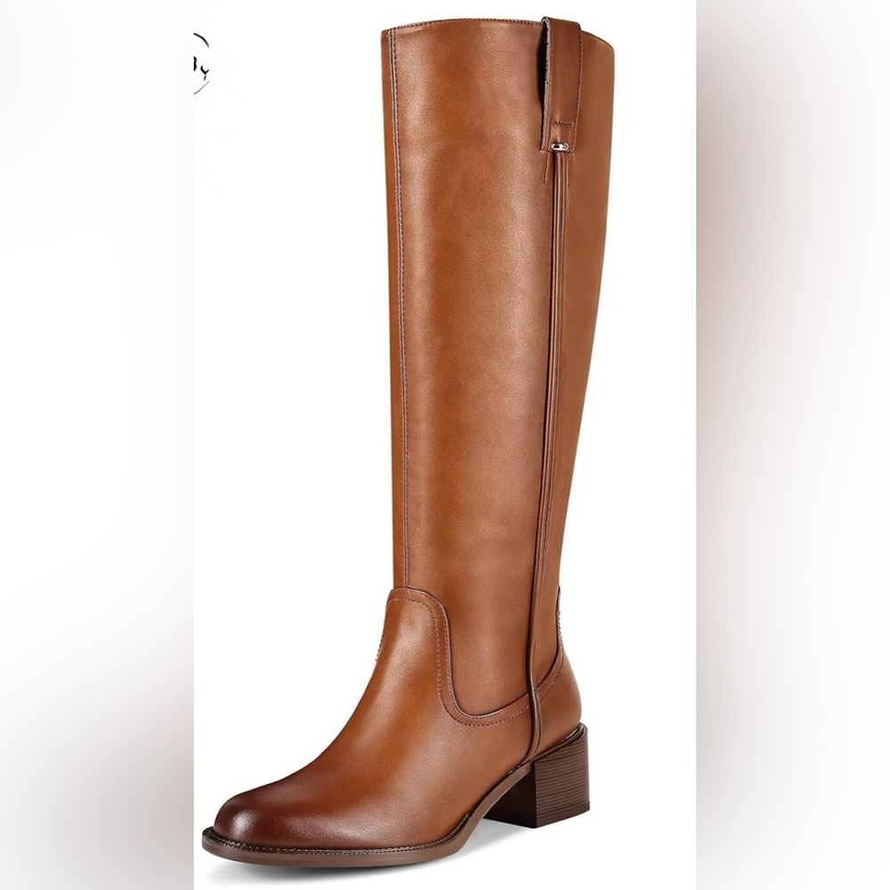 New Itozer Knee High Brown faux PU Leather Riding Boots block heel size 8.5